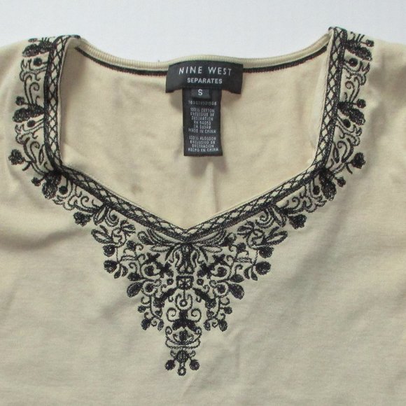 Nine West Embellished Pullover Tunic Beige Pullover Top Shirt All Cotton S Black - Picture 2 of 4